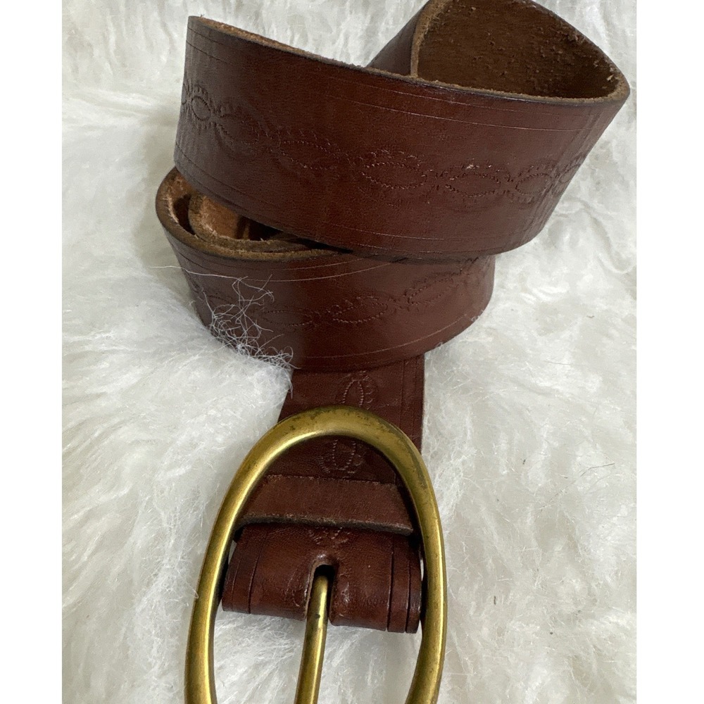 Liz Claiborne Belt Women 32-37 BTRUS Brown Embossed Leather Brass Buckle Vintage